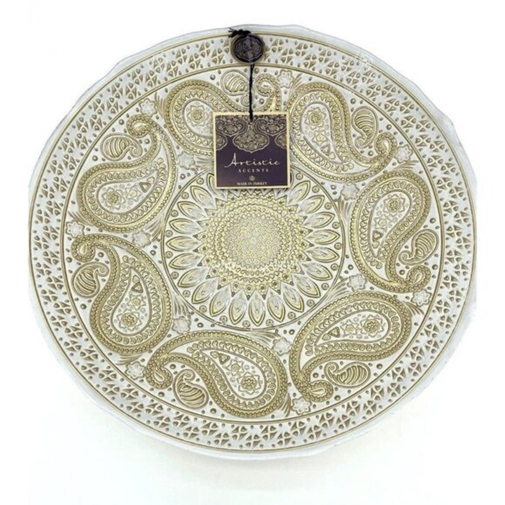 Artistic Accents White Glass Round Bowl Serving Salad Gold Lace Paisley 13.5"